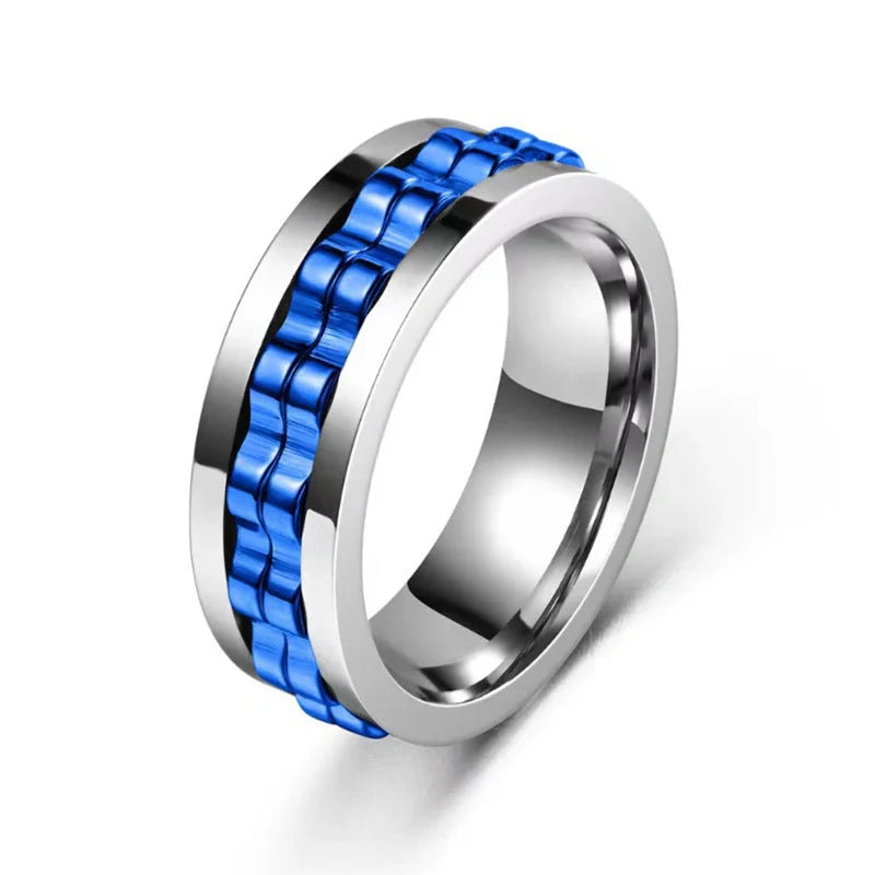 Men's titanium spinner ring with square texture and rotating gear in various colors