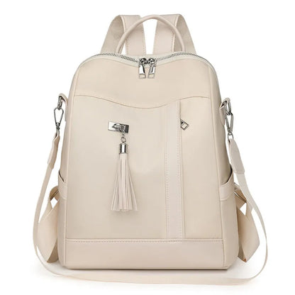 Soft PU commute backpack in light pink colour showing mobile phone pocket and three-dimensional storage design