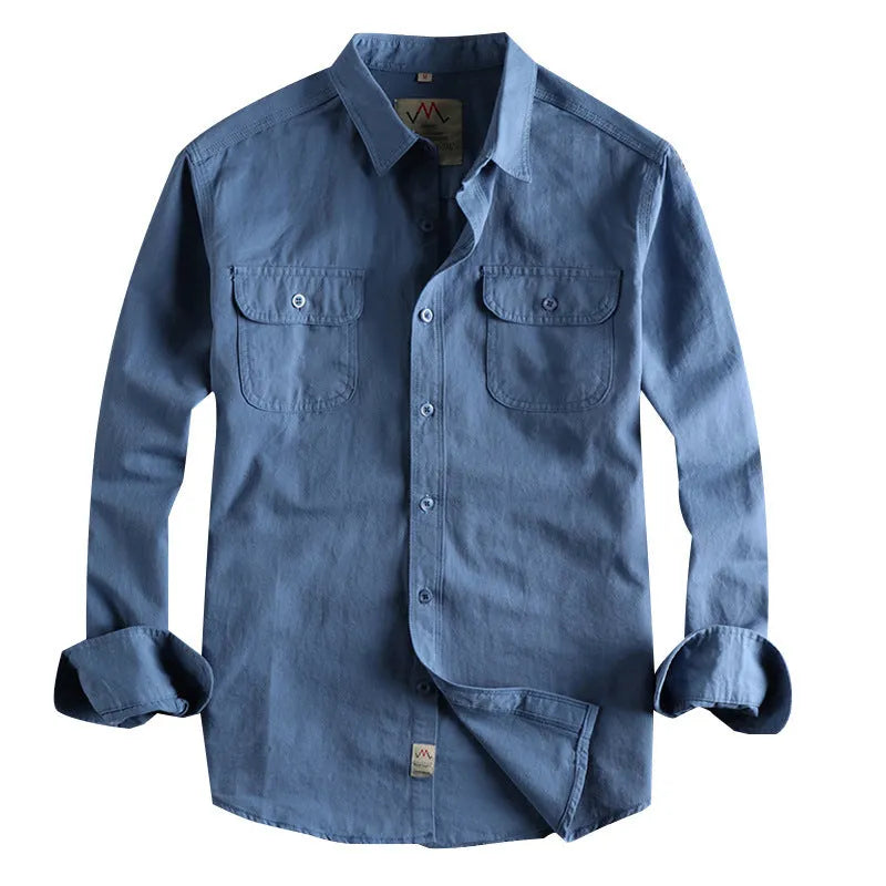 Men's light blue cotton cardigan-style long sleeve casual shirt on a hanger