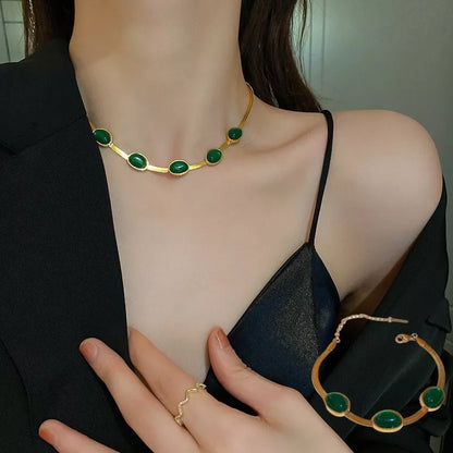 Boho green stone crystal snake chain multilayer necklace and bracelet set for women