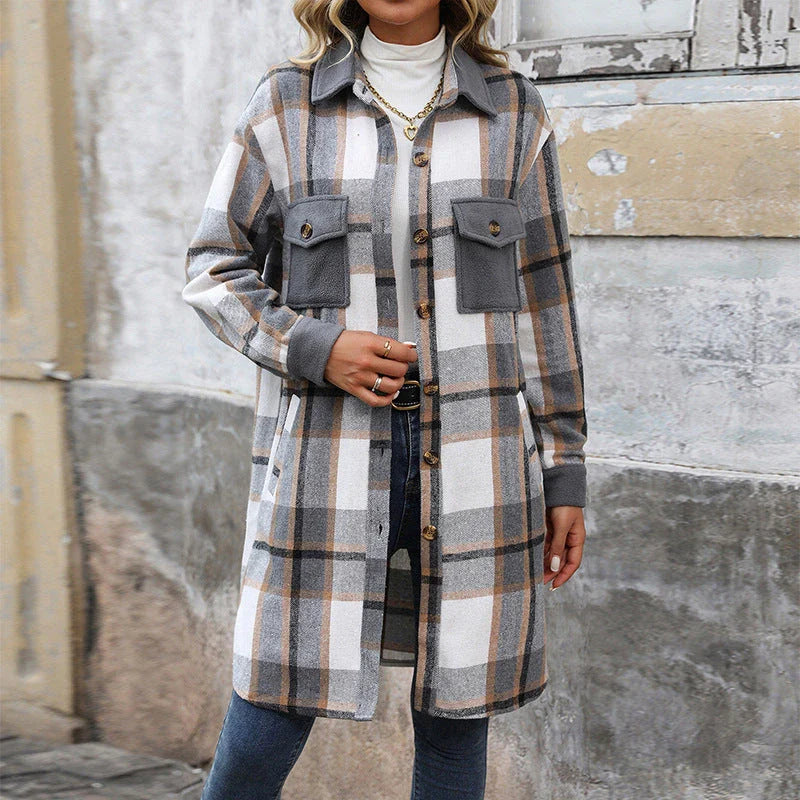 Stylish brushed plaid long coat with pockets for women, available in coffee, grey, and wine red colors