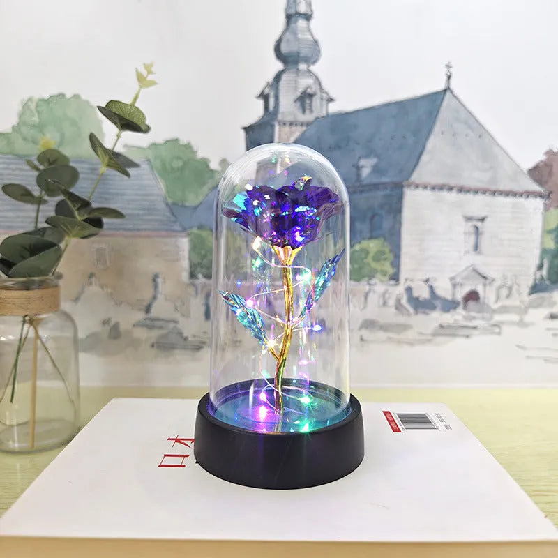 Glass cover small night lamp with plastic flowers, 15cm height, black base, and multiple light colour options