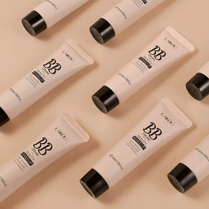 30ml tube of natural BB cream showing nine available shade colours from light to dark