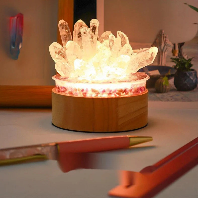 White natural crystal night light measuring 10x8.5cm with USB cable