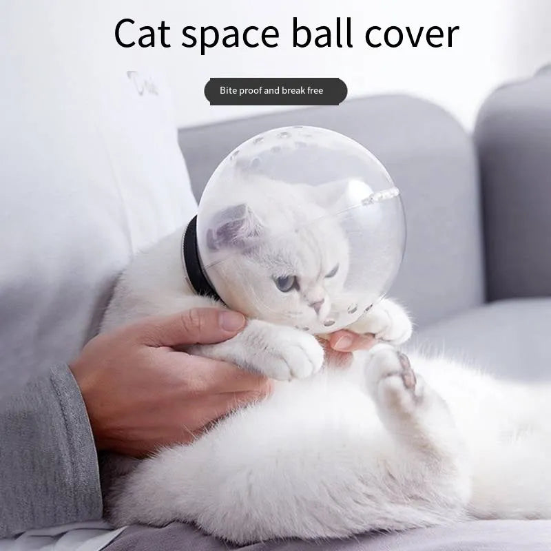 Transparent plastic cat muzzle hood with adjustable Velcro strap shown in three sizes: M, L, and XL.