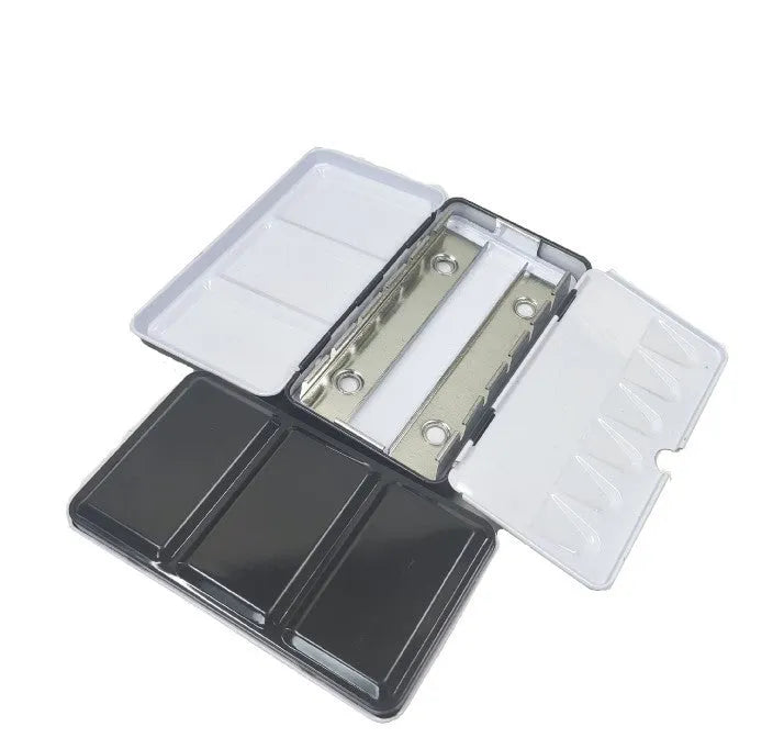 Tinplate solid watercolour paint box in square shape with folding lid, shown in three size options.