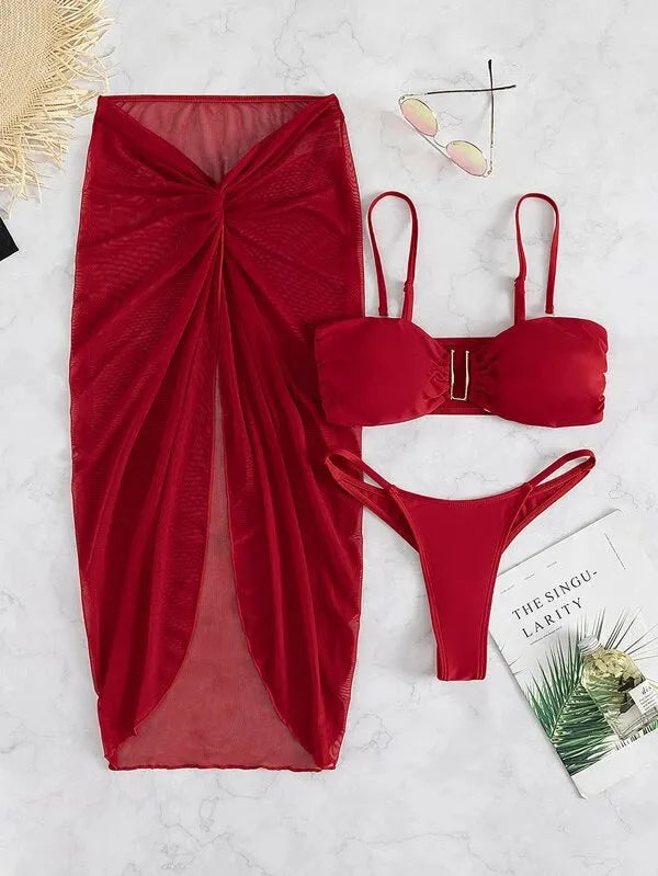 Three-piece bikini set with long culottes skirt in French style solid colour design
