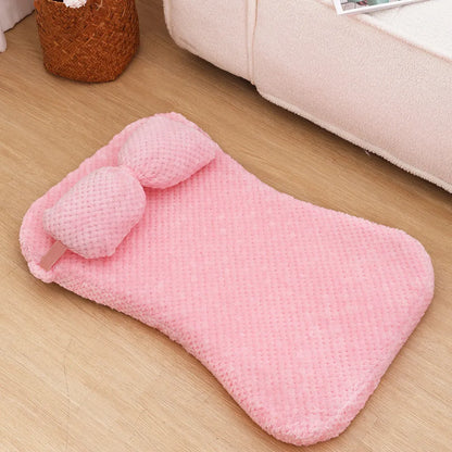 Soft plush pet bed mat with pillow in grey, khaki, or pink, sizes S to XL from 40x30x6cm to 100x60x8cm