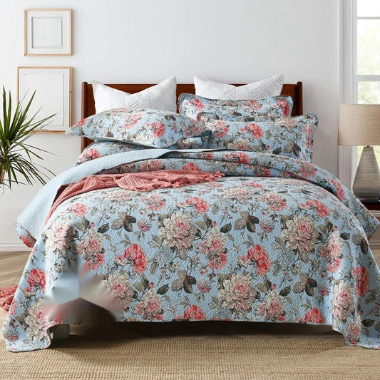 Double-sided pure cotton bedspread three-piece set with geometric patterns showing reversible design