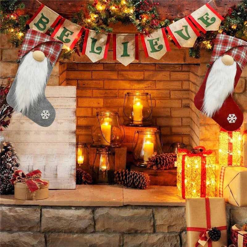 Charming Christmas stockings with red plaid pattern and 3D dwarf accents, perfect for festive home decor