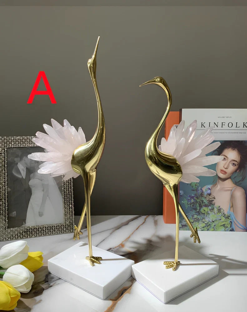 Left-facing crystal crane ornament with marble base in three size options
