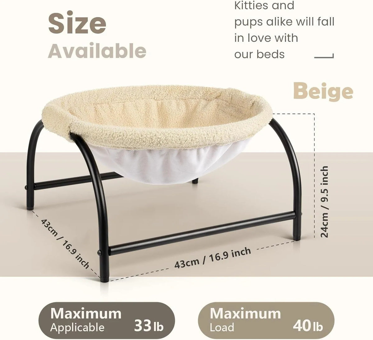 Pet hammock bed for cats and small dogs with breathable detachable cover in beige or gray