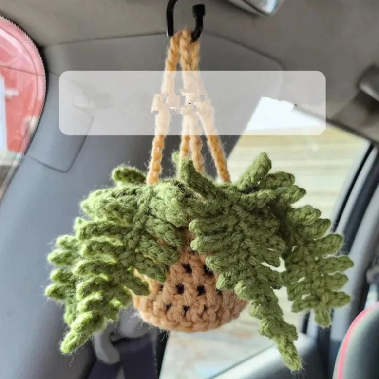 Green and white knitting wool car plant decoration with 8cm base and 25cm hanging rope