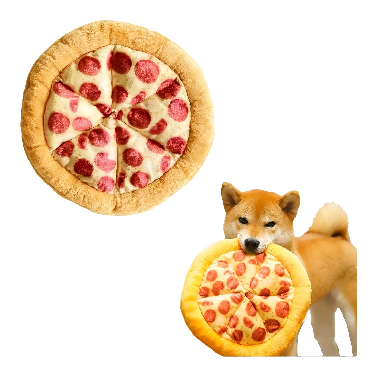 Bright yellow squeaky dog toy shaped like a pizza slice with a soft teddy fabric surface