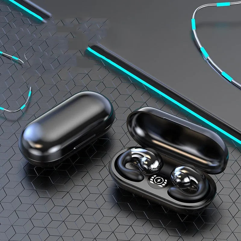 Wireless Bluetooth sports headphones with ear clip design in multiple colours on a black background