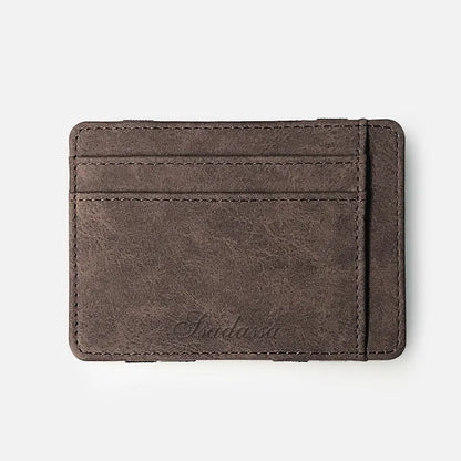 Matte leather magic wallet in horizontal square shape with sewing line detail and coin pocket