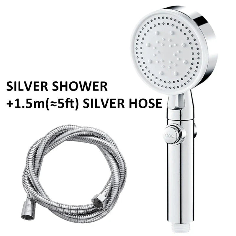 High-pressure shower head with customizable five-speed settings, premium ABS construction, and sleek modern design