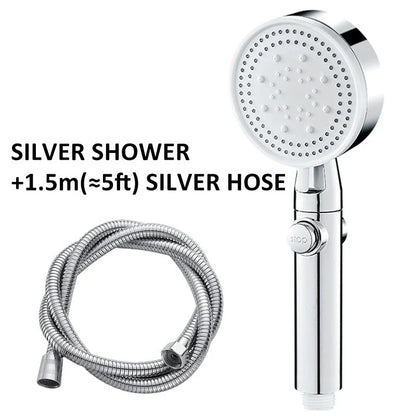 High-pressure shower head with customizable five-speed settings, premium ABS construction, and sleek modern design