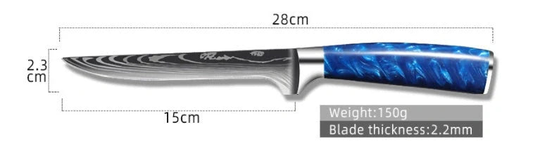 8-inch Chef Knife with vibrant blue resin handle, perfect for precision cutting in the kitchen.
