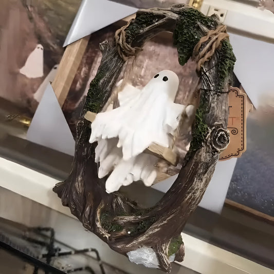 Halloween swing ghost resin decoration showing two style options on display