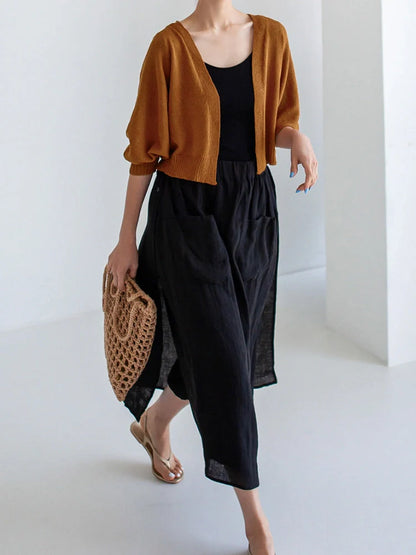 Elegant linen wide-leg culottes with double pockets in hemp and black colors