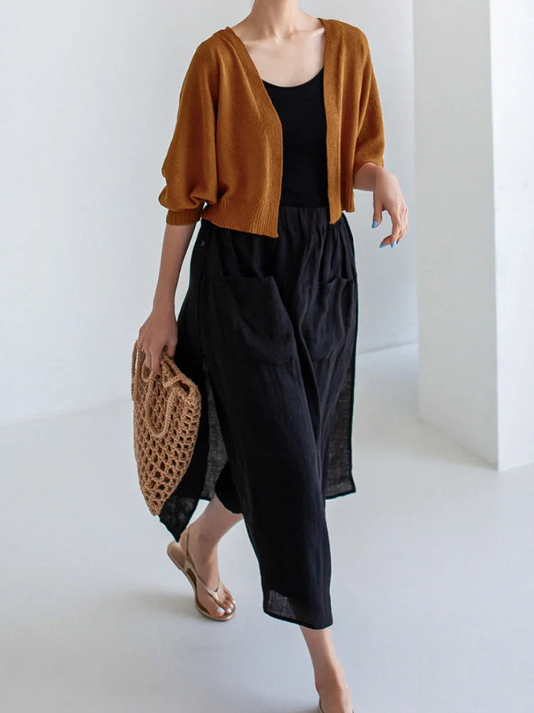 Hhomeenjoy Elegant Linen Wide-Leg Culottes with Double Pockets