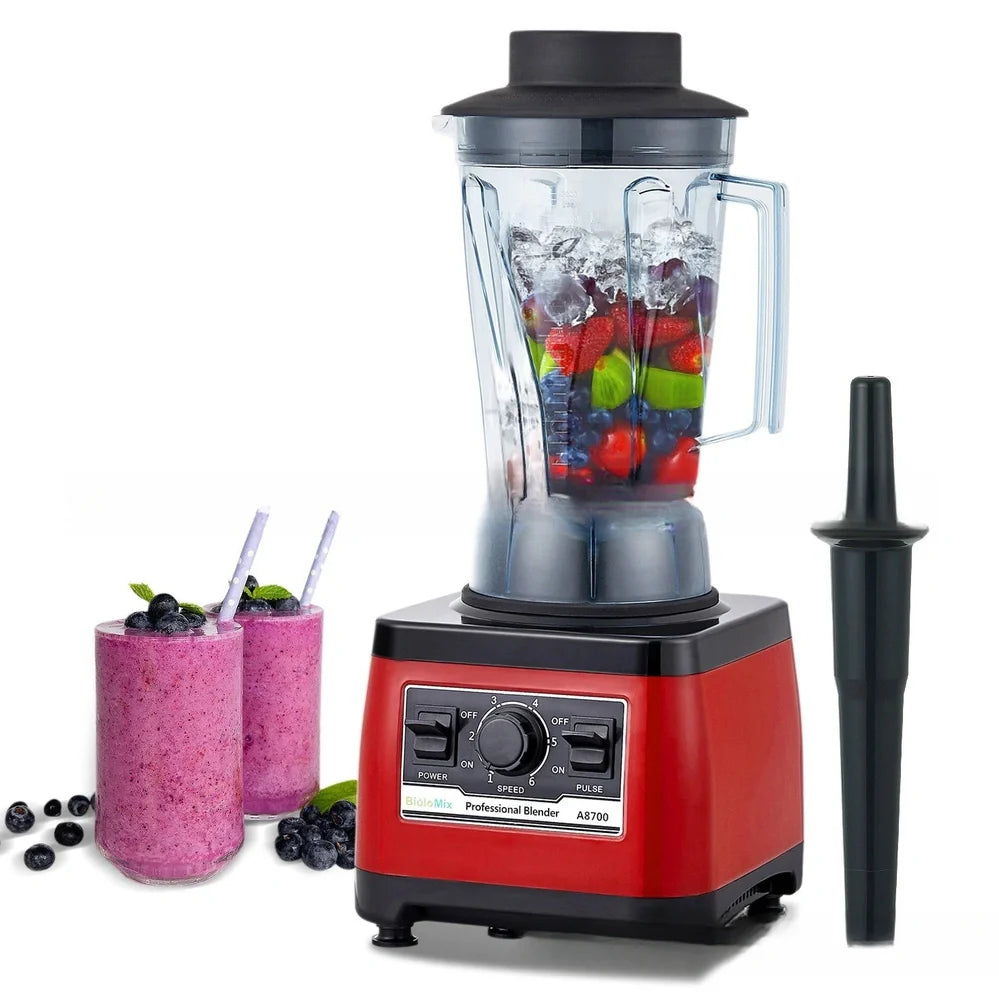 Red commercial blender with 2200W motor and 2L capacity for professional kitchen use