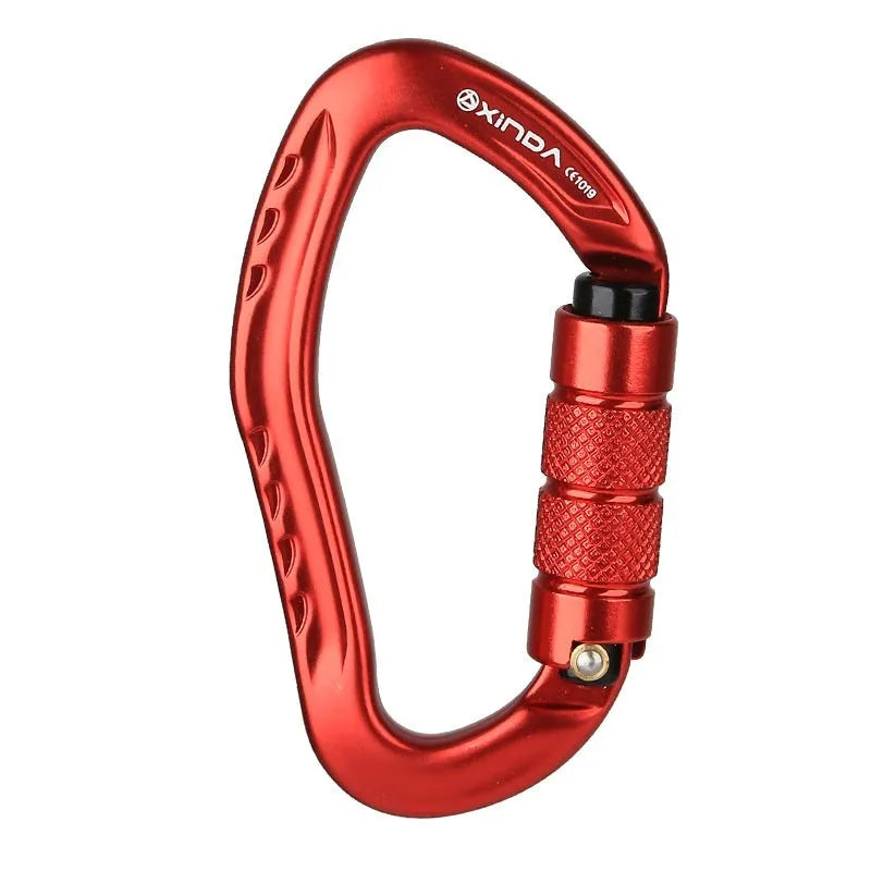 Automatic master lock climbing carabiner in silver, shown with gate open and closed.