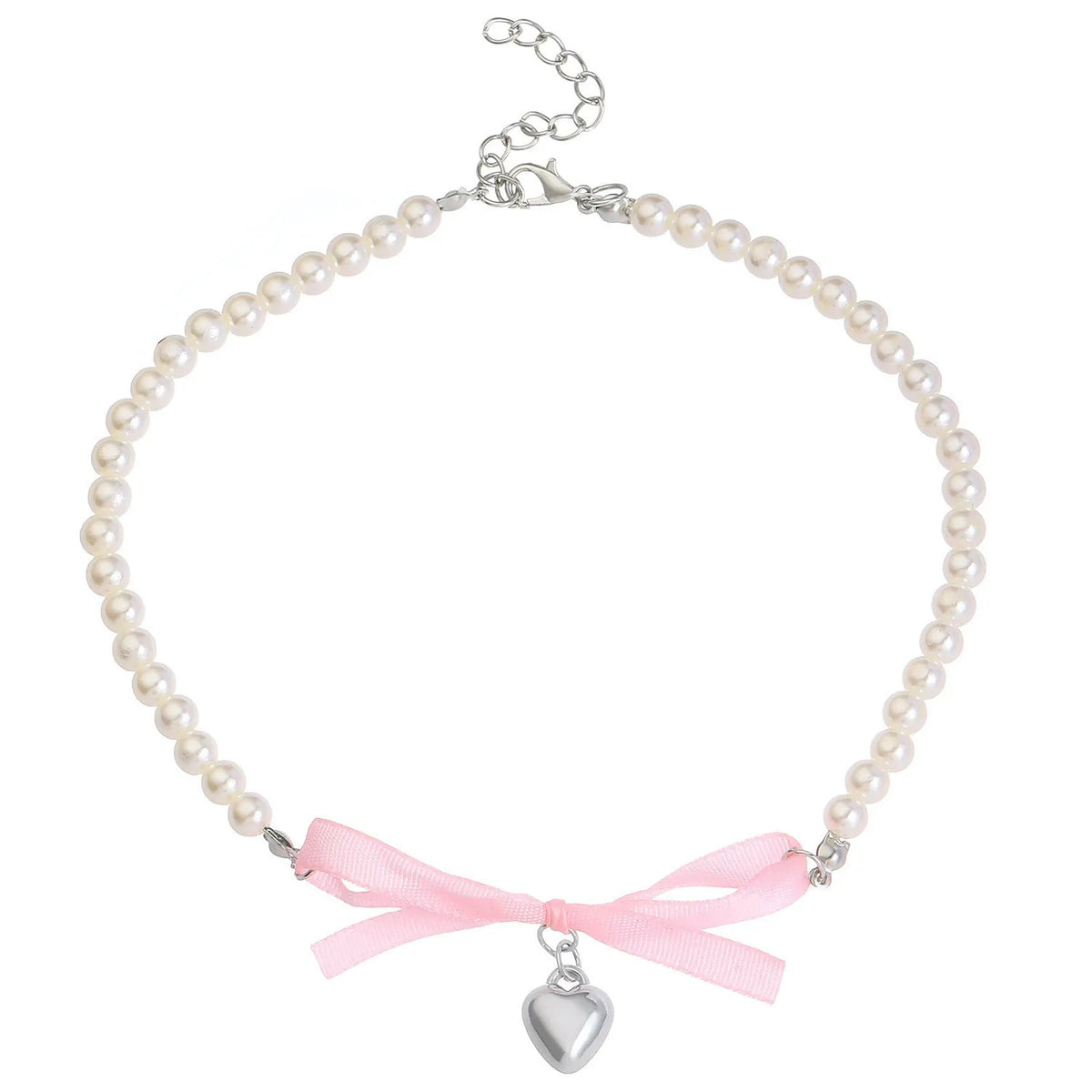 Love heart and bow tie clavicle chain necklace with pearl inlay, shown in White K Love 028 and White K Bow 026 options.
