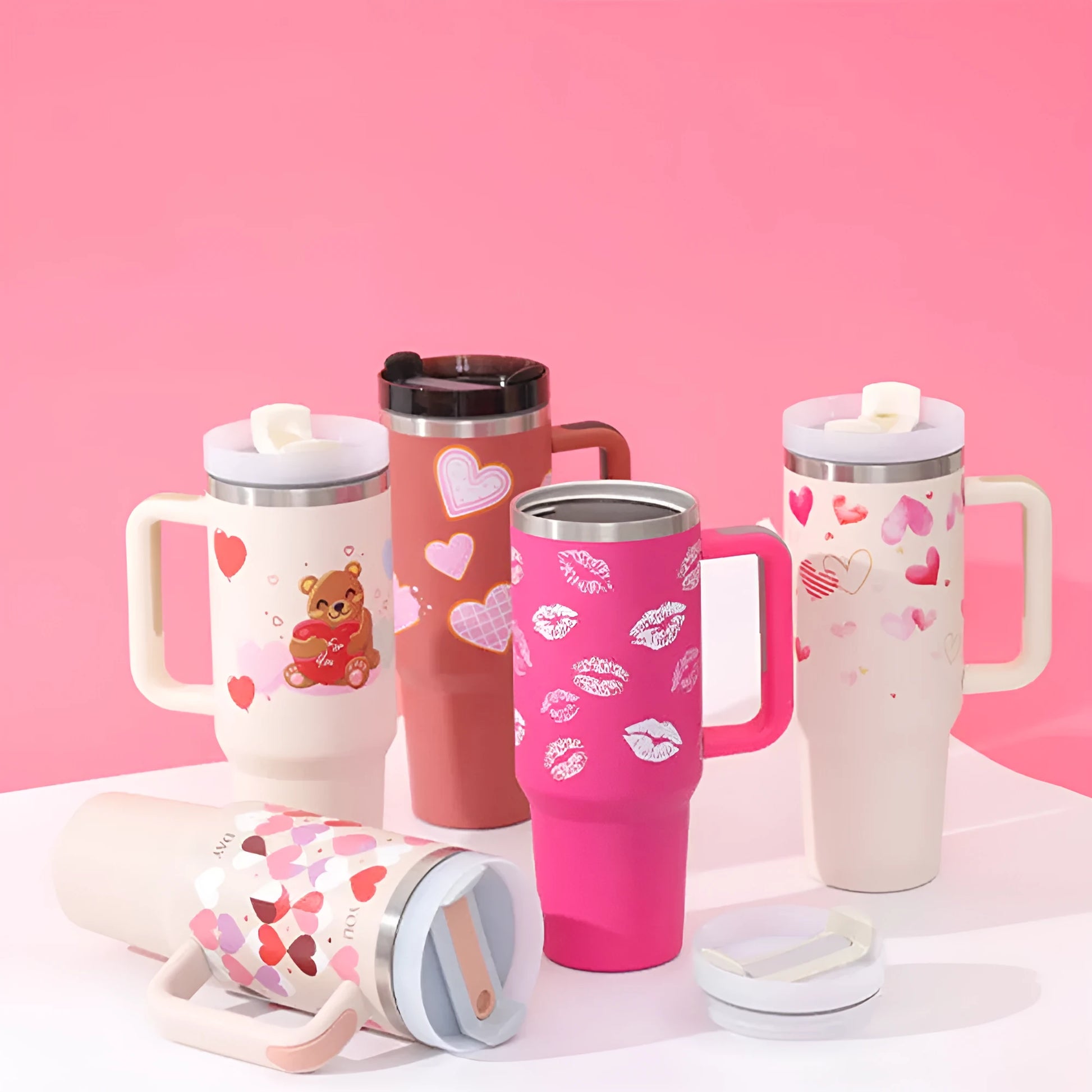 40 oz stainless steel insulated tumbler with handle and straw in tapered mug design