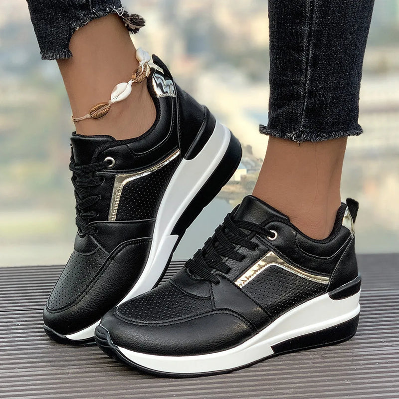 Women's Platform Sports Casual Shoes with Wedge Sole and Lace-Up Front in PU Leather, Available in Milky White, Black, White and Grey in Sizes 36 to 43