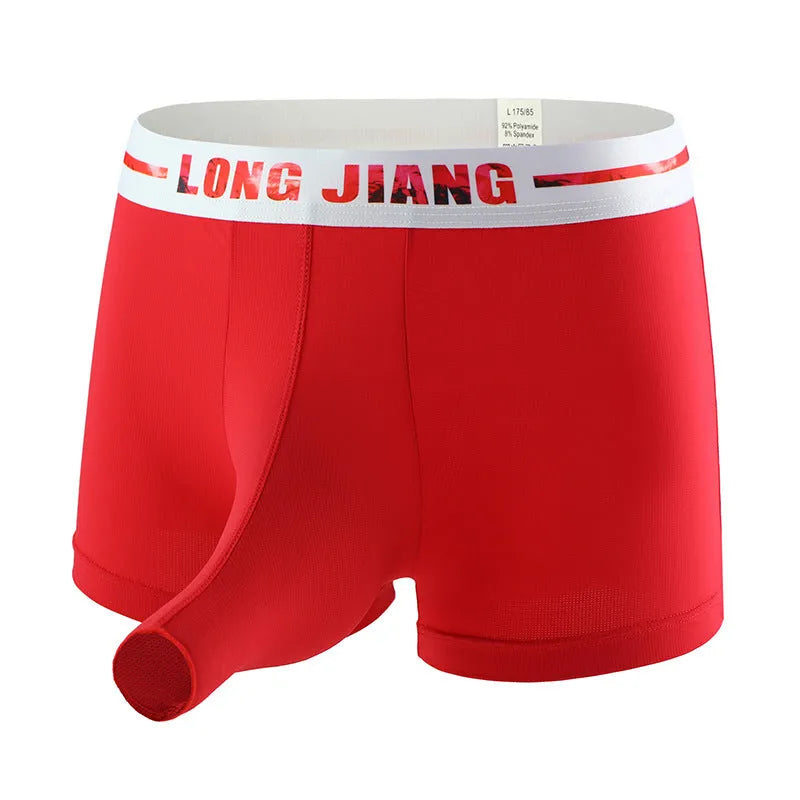 Men's grey blue ice silk trunk open boxers laid flat, showing mid-waist and knitted fabric texture.