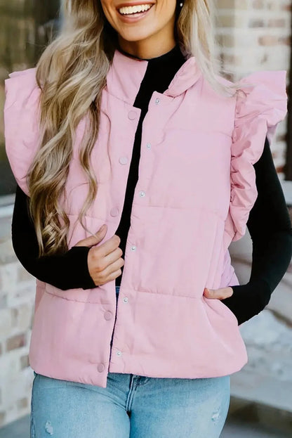 Pink stand neck puffer vest with flutter sleeves and snap button front, sizes S to XL