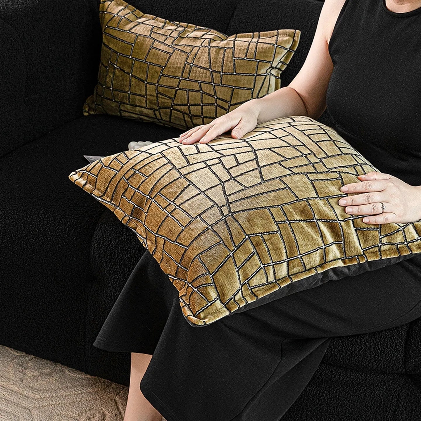 Gold geometric abstract decorative pillow in 50x50cm, 45x45cm, and 30x50cm sizes with polyester cover