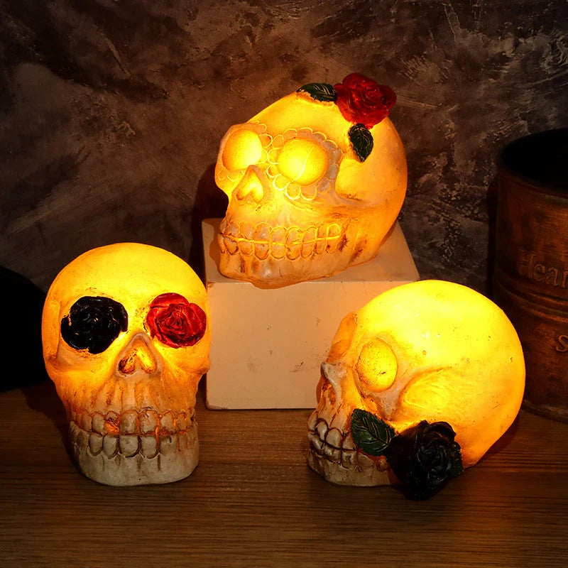 Spooky Skull Lamp with LED lighting, ghastly skeleton design, and semi-transparent resin finish for Halloween decor