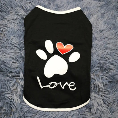 Cotton pet dog top with printed love design and short sleeves, shown in black or white, sizes XS to XXL