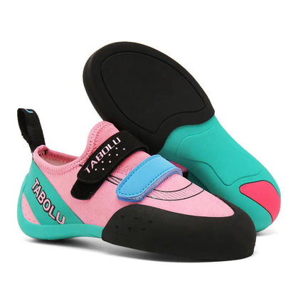 Beginner unisex rock climbing shoes with Velcro straps and a coloured rubber sole.