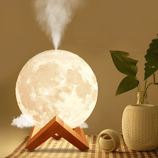 Wood finish spherical lunar humidifier night light with 13cm diameter and USB charging port