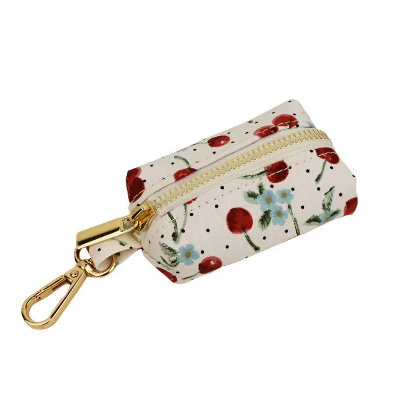 Red cherry print dog collar set with light gold buckle and matching accessories