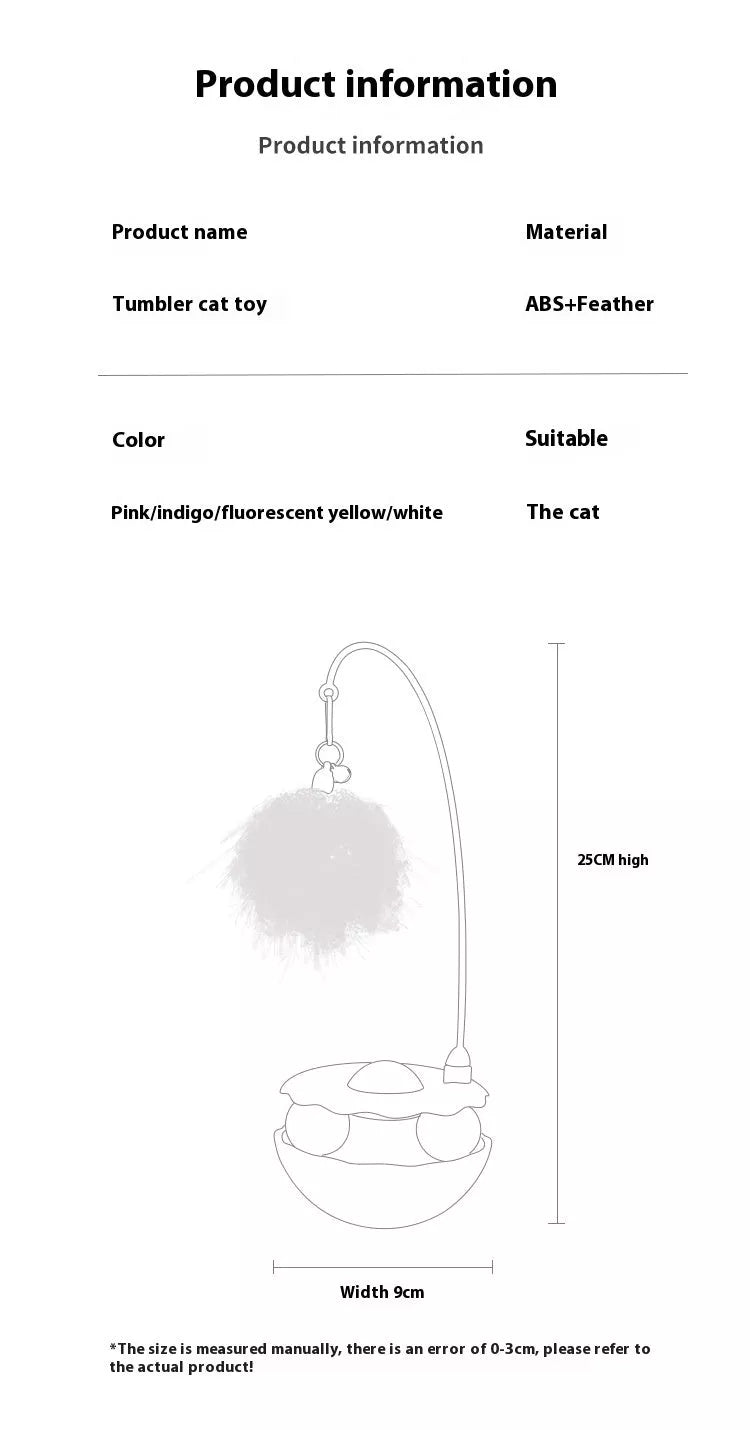 Interactive cat toy with catnip, feather wand, and spinning balls in white, indigo, fluorescent yellow, and pink