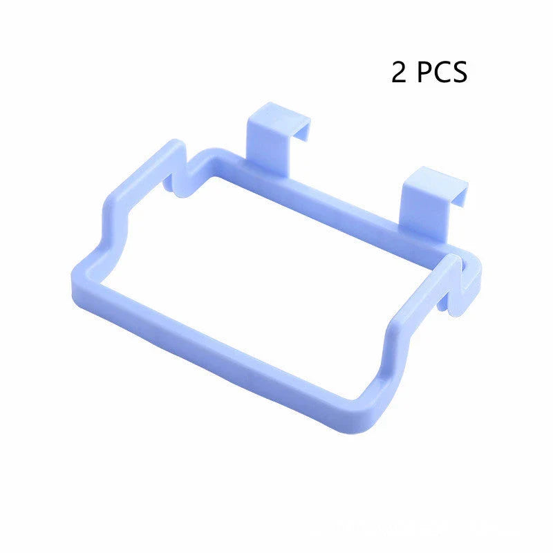 Eco-friendly over-the-door trash bag holder in various colors for organized kitchen storage
