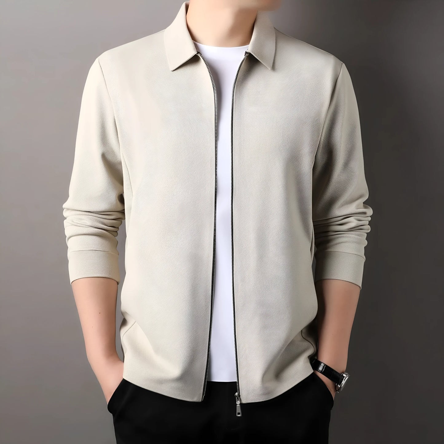 Men's jacket in black, dark grey, or apricot with straight hem and regular sleeves, showing size options from M to 3XL.