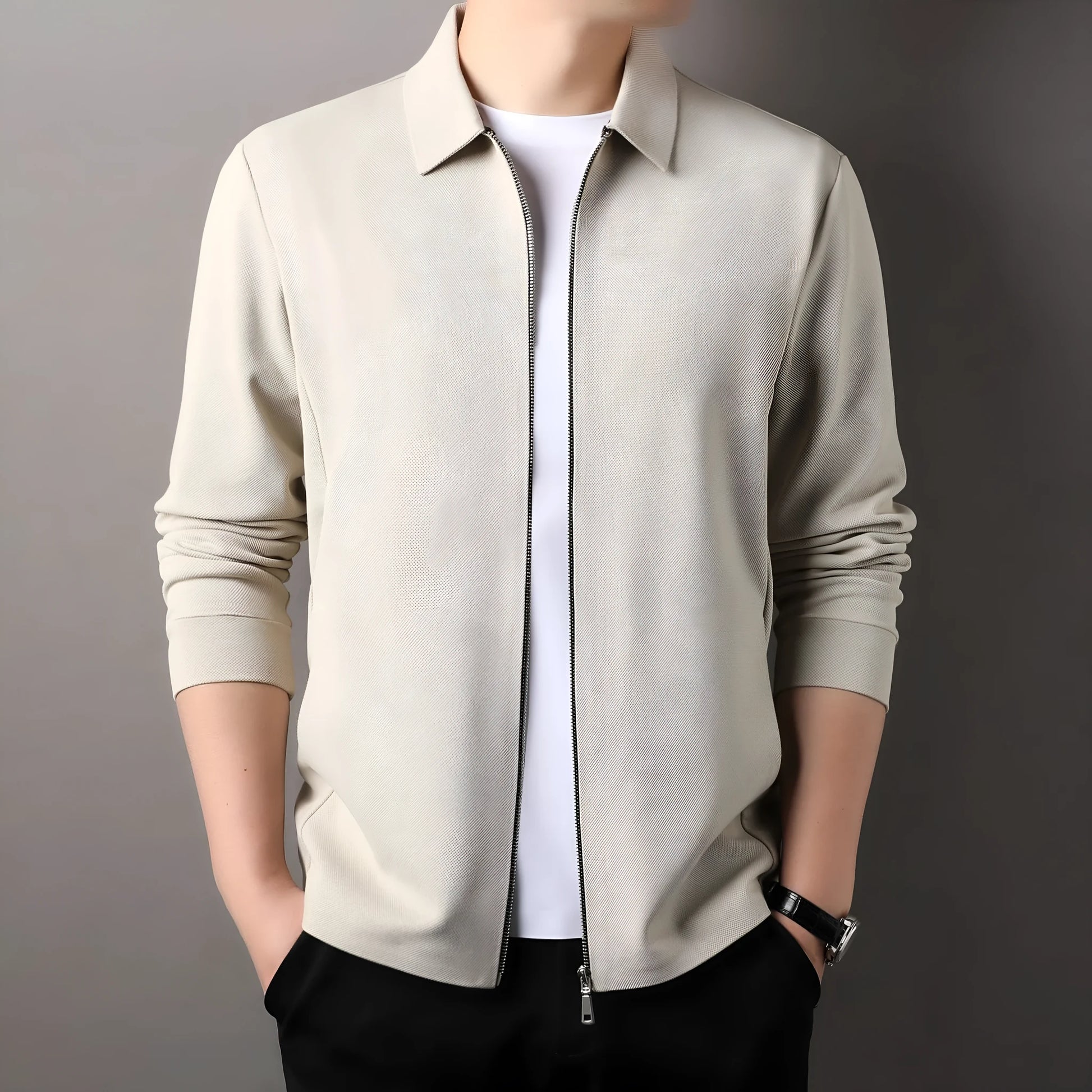 Men's jacket in black, dark grey, or apricot with straight hem and regular sleeves, showing size options from M to 3XL.