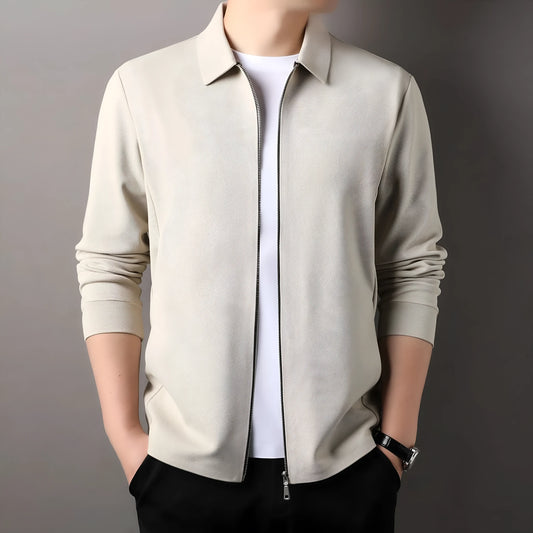 Men's jacket in black, dark grey, or apricot with straight hem and regular sleeves, showing size options from M to 3XL.