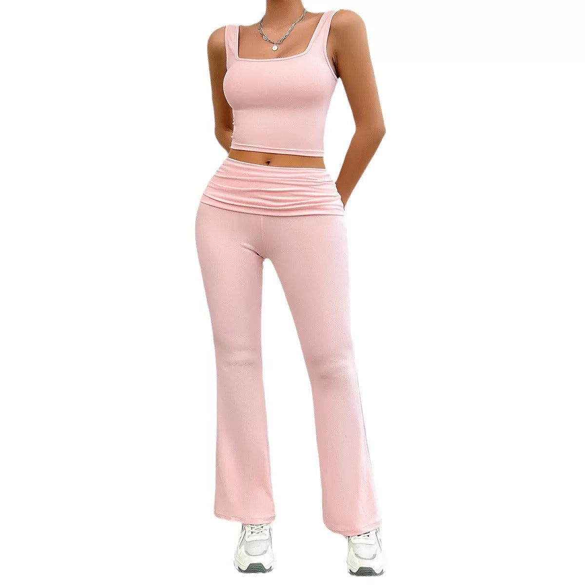 Women's casual solid color vest body-hugging suit in polyester, available in pink, black, dark gray, and brown.