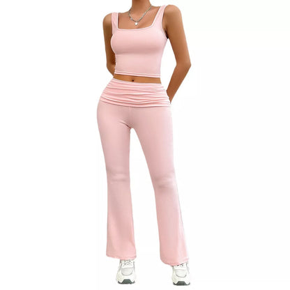 Women's casual solid color vest body-hugging suit in polyester, available in pink, black, dark gray, and brown.
