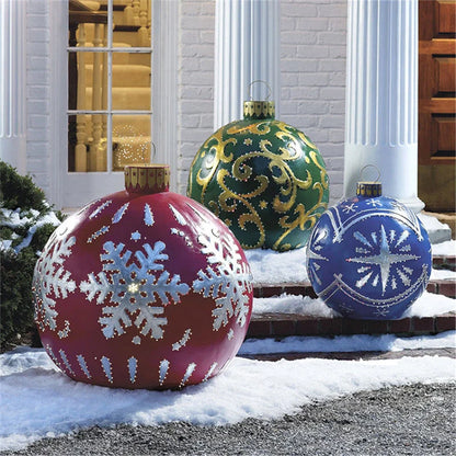 Vibrant, inflatable 60cm Christmas ball decorations in various patterns and colors for indoor and outdoor holiday display