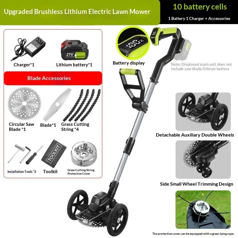 Brushless lithium electric lawn mower with steel, aluminium tube and plastic build, 500W motor and multi-wheel assistance