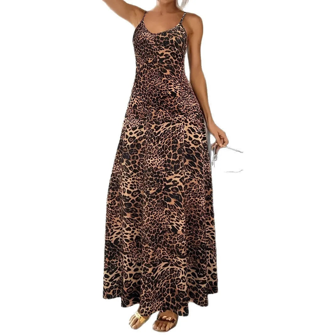 Dark brown leopard print sleeveless dress with sling shoulders and round neck