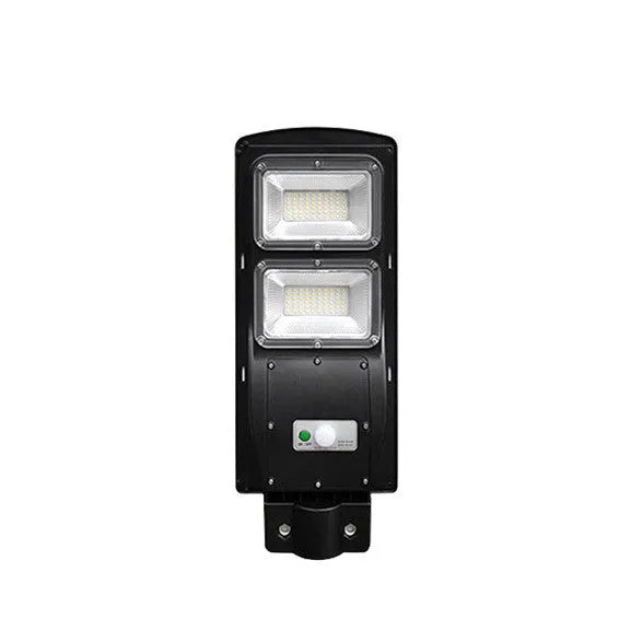 Integrated solar street light with LED illumination and solar panel, remote control operation